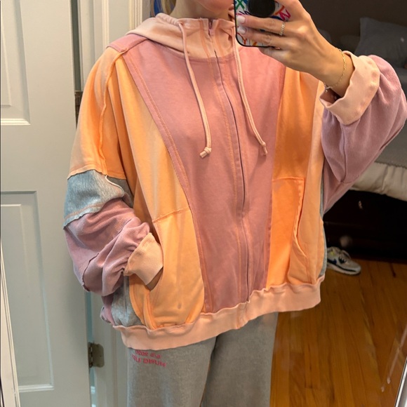 ✨ DOUBLE TAKE ✨ Baggy Fit Colorblock Zip Up Hoodie Peach Gray Pink Size Medium - Picture 5 of 14